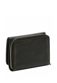 Portefeuille en cuir noir à finition texturée, doté d'une fermeture éclair argentée sur le bord et d'un design rectangulaire compact.