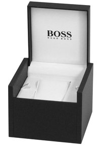 Black square box with a white interior, featuring the "BOSS HUGO BOSS" logo in black on the lid. Contains cream-colored padding inside.