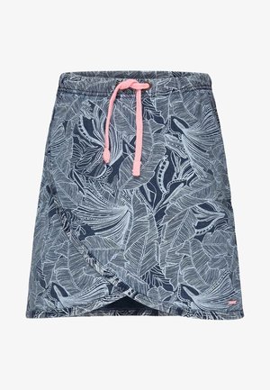 Jupe portefeuille bleu marine avec un motif de feuilles blanches, dotée d'un cordon de serrage rose à la taille. Fabriquée en tissu doux et léger.