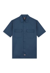 Camicia a maniche corte blu navy con bottoni, due tasche frontali, colletto dritto e dettagli cuciti sulle spalle. Tessuto resistente.