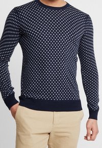 Muž v tmavě modrém svetru s dlouhým rukávem s světle šedými puntíky a béžových kalhotách, stojící s jednou rukou v kapse.