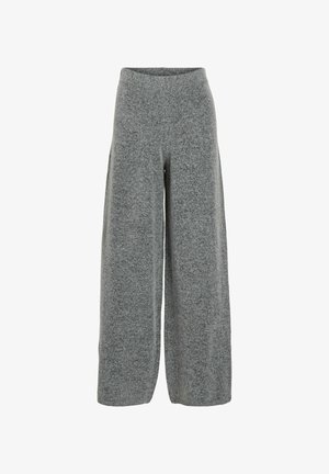 Široké kalhoty do kotníků šedé barvy vyrobené z měkké texturované látky s elastickým pasem. Bez viditelného kování či ozdob.