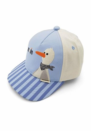 Casquette bleue et crème avec une visière rayée bleu, oie blanche brodée avec un bec orange et une écharpe rayée noir et blanc sur le panneau avant.