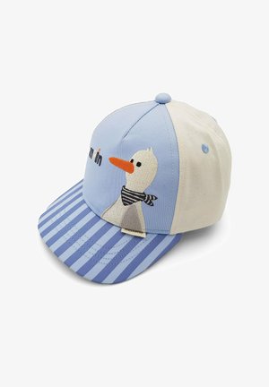 Casquette bleue et crème avec une visière rayée bleu, oie blanche brodée avec un bec orange et une écharpe rayée noir et blanc sur le panneau avant.