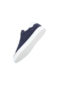 Navy suede sneaker with white rubber sole, rounded toe, slip-on design, textured upper, and subtle branding on the side.