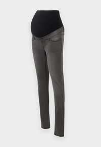 Pregnancy jeans with a black stretchy waistband, gray denim body, slim-fit design, and pockets. Features a smooth texture and clean lines.