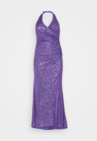 Robe halter violet ornée de sequins, avec un décolleté en V profond, un design froncé, une fente sur le côté, et une texture lisse et brillante. Dispose d'une fermeture à lanière assortie.
