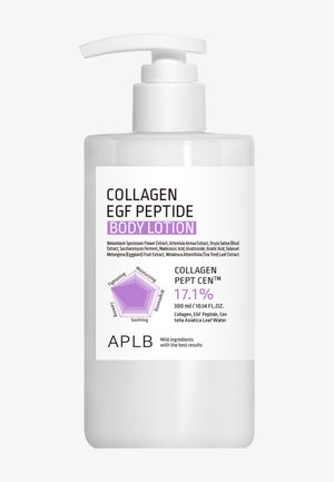 Flacon pompe de lotion pour le corps au peptide EGF de collagène avec liste des ingrédients et graphique pentagonal montrant les effets hydratants, raffermissants, éclaircissants, apaisants et calmants.