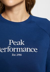 Modrá mikina s kulatým výstřihem a raglánovými rukávy. Obsahuje bílé vyšívané nápisy "Peak Performance" a "Est.1986." Měkká textilie.