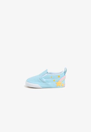 Light blue slip-on shoe featuring a soft fabric upper, white sole, yellow star and rainbow accents, designed for comfort and easy wear.