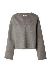 Grauer, kurz geschnittener Pullover aus weichem Material. Verfügt über einen V-Ausschnitt und weite Ärmel mit Steppdetails. Einfaches, modernes Design.