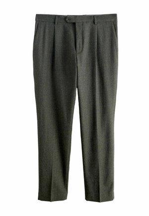 Pantaloni din lână gri cu un finisaj texturat, având închidere cu nasture, pliuri în față și un design cu picior drept.