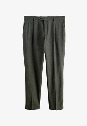 Pantaloni din lână gri cu un finisaj texturat, având închidere cu nasture, pliuri în față și un design cu picior drept.