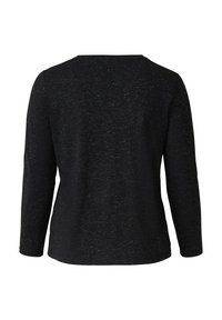 Schwarzer Pullover mit langen Ärmeln und subtilen weißen Sprenkeln, von hinten auf einem weißen Hintergrund gezeigt.