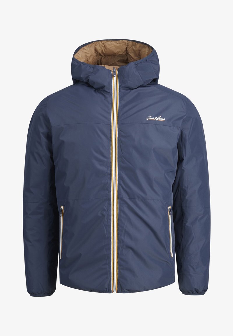 Navy blue insulated jacket with a zippered front, gold-accented double zipper, and hood. Features side pockets and a brown inner lining.