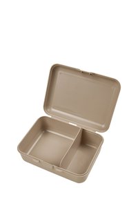Beige Kunststoffbrotbox mit offenem Deckel, die zwei Fächer enthält, die durch einen Trenner voneinander getrennt sind.