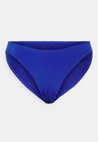 Parte de baixo de biquíni azul feita de tecido liso, com um corte de cintura baixa e cobertura moderada, apresentando um design elegante e sem emendas.