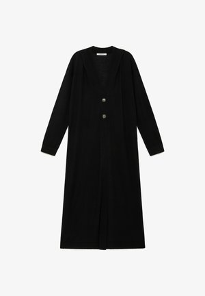 Cardigan long noir avec col en V, deux boutons sur le devant et manches longues, présenté sur fond blanc.