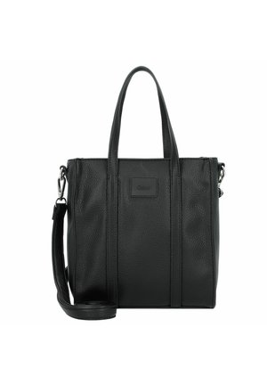 Sac fourre-tout en cuir noir avec deux poignées courtes et une bandoulière amovible. Fini texturé avec une forme rectangulaire et une marque discrète.