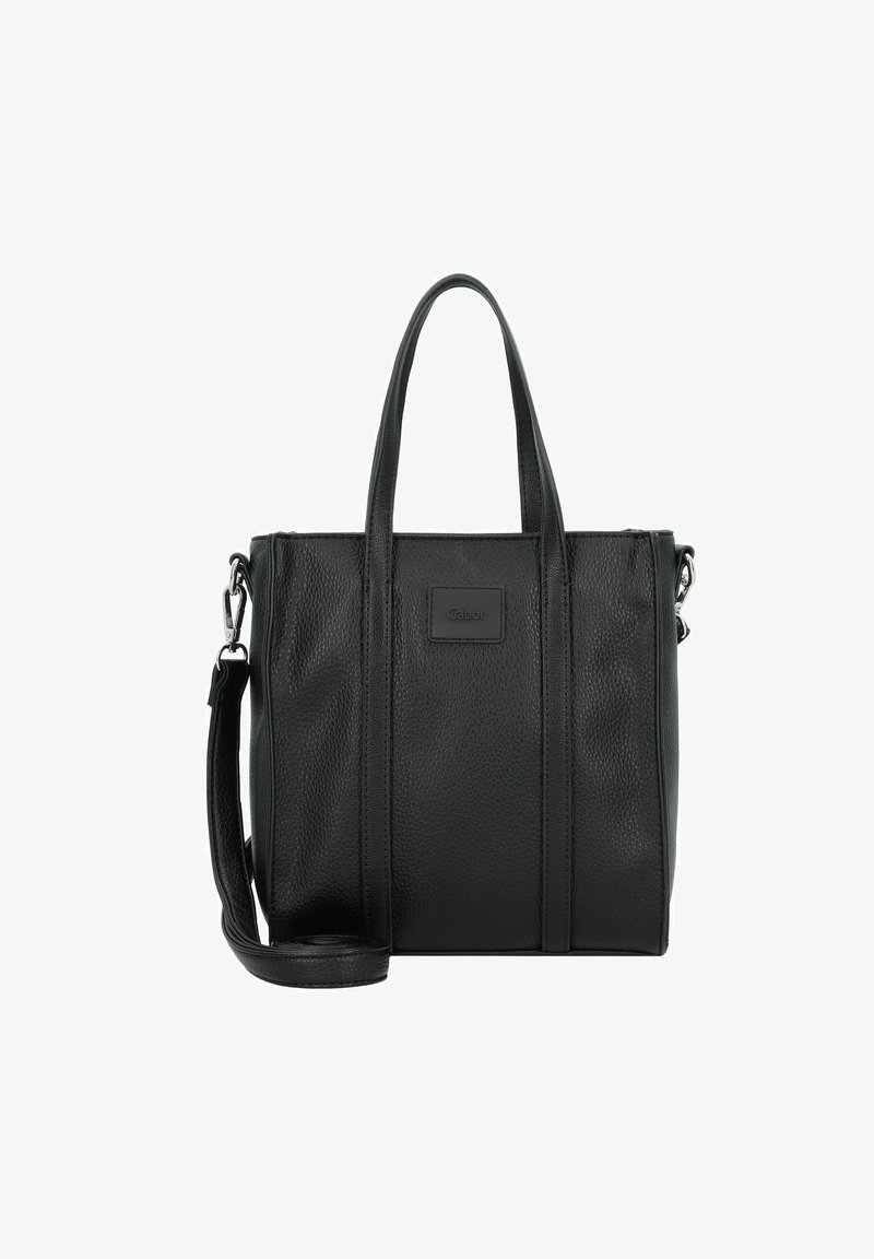 Zwarte leren tote bag met twee korte handvatten en een afneembare schouderband. Textuurafwerking met een rechthoekige vorm en subtiele branding.