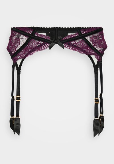Purple lace garter belt with black satin accents, featuring adjustable straps and gold hardware. Delicate bow detail at the center.