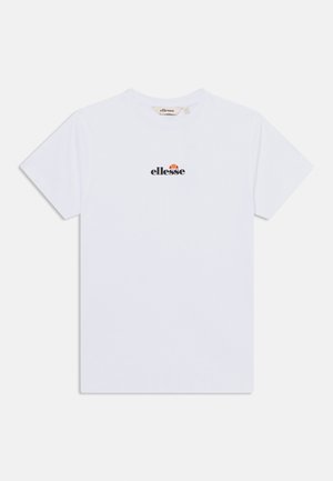 Hvid kortærmet bomulds-T-shirt med lille sort og orange "ellesse"-logo centreret på brystet.