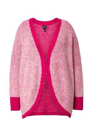 Růžový a magentový pruhovaný kardigan s otevřeným předním dílem, žebrovanými manžetami a výstřihem. Měkká textura a volný, pohodlný střih.