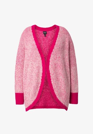 Gestreifter Cardigan in Pink- und Magentatönen mit offenem Vorderteil, gerippten Bündchen und Halsausschnitt. Weiche Textur und lockerer, entspannter Schnitt.