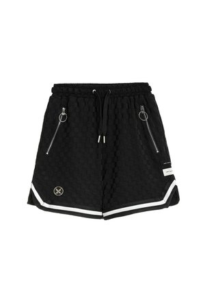 Pantalones cortos negros con textura, cintura elástica, cordón, dos bolsillos laterales con cremallera y tiradores en forma de anilla, ribete a rayas blancas y pequeño parche redondo.