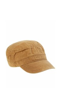 Brown cotton cap with a rounded crown, short stiff brim, and two horizontal seams on the front. Textured, casual design.