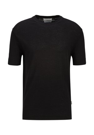 Zwart katoenen T-shirt met korte mouwen en ronde hals, licht gestructureerde stof en een klein merklabel op de linker zijnnaad.