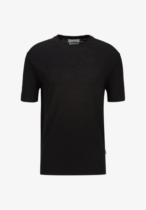 Zwart katoenen T-shirt met korte mouwen en ronde hals, licht gestructureerde stof en een klein merklabel op de linker zijnnaad.