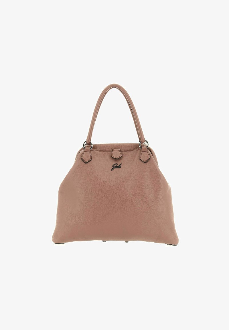 Rosa Lederhandtasche mit glatter Textur, runder Form, doppelten Tragegriffen und einem Logo-Akzent auf der Vorderseite.