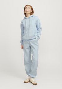 Felpa azzurra chiara con lacci, abbinata a pantaloni della tuta coordinati. Entrambi gli articoli presentano una consistenza morbida e una vestibilità comoda. Sneakers beige completano l'outfit.