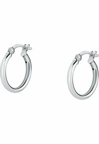 Orecchini a cerchio in argento con una superficie liscia e lucida e una chiusura a scatto sicura. Forma circolare e dimensioni medie, adatti per un abbigliamento casual o formale.