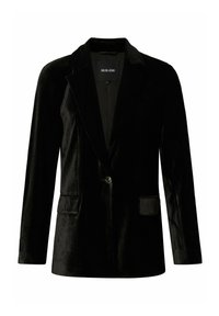 Černý sametový blazer s klopovým límcem, jedním knoflíkovým zapínáním a dvěma předními kapsami. Texturovaná tkanina s hladkým povrchem.
