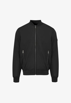 Veste bomber noire en tissu léger avec fermeture éclair devant, col côtelé et deux poches latérales zippées. Elle possède des poignets et un ourlet élastiqués.