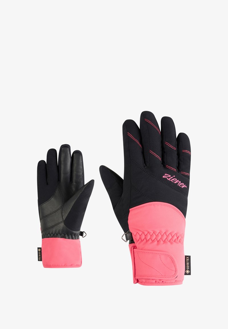 Schwarze und rosa Handschuhe aus wasserabweisendem Material. Sie verfügen über eine strukturierte schwarze Lederhandfläche, rosa Akzente und einen elastischen Handgelenksverschluss für einen sicheren Sitz.