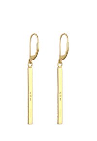 Guldmetal hängande örhängen med ett rektangulärt balkdesign, en slät yta och en låsback.
