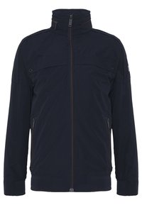 Veste bleu marine à col montant et fermeture éclair intégrale, avec deux poches avant, poignets côtelés et des touches discrètes orange sur la fermeture éclair.