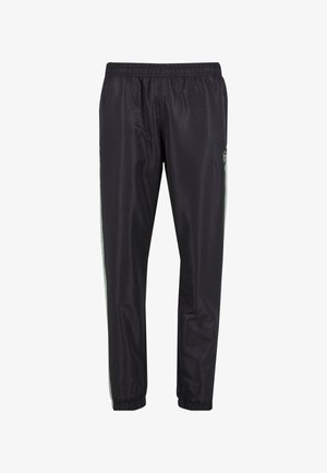 Fekete sportnadrág elasztikus derékkal és bokákkal, világosszürke oldalsávokkal és egy kis kör alakú logóval a jobb combon.