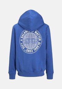 Blue hoodie featuring a large white graphic of a globe and text on the back. Made of soft fabric with a drawstring hood and ribbed cuffs.