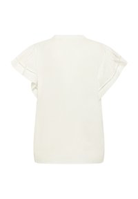 Blouse blanche à manches courtes avec un col rond, dotée de manches ondulées et de délicates coutures le long de l'ourlet et des bords des manches.