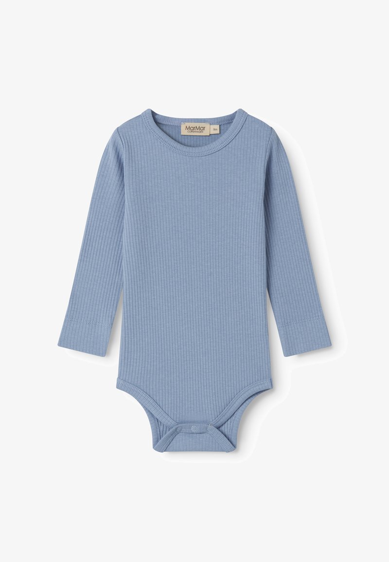 Világoskék bordázott hosszú ujjú babaruházat patentos lezárással az alján és kerek nyakkivágással, 9 hónapos méret.