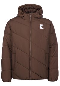Giacca a vento marrone con cappuccio, design a trapunta diagonale, zip frontale e un piccolo logo bianco sul petto. Materiale morbido e isolato.