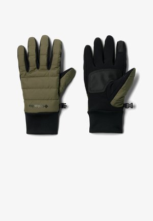 Isolierte Handschuhe mit einem schwarzen Nylon-Außenmaterial und einem olivgrünen, gesteppten Stoff. Enthält einen gummierten Griffbereich und einen verstellbaren Bund.