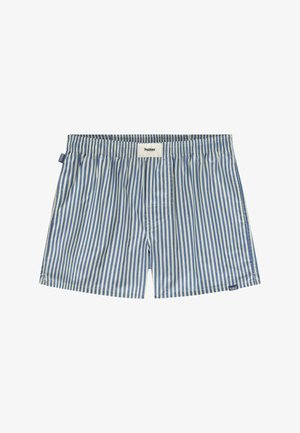 Boxer a righe in blu chiaro e bianco. Vita elastica con etichetta del logo. Tessuto in cotone morbido, design a gamba dritta e senza tasche.