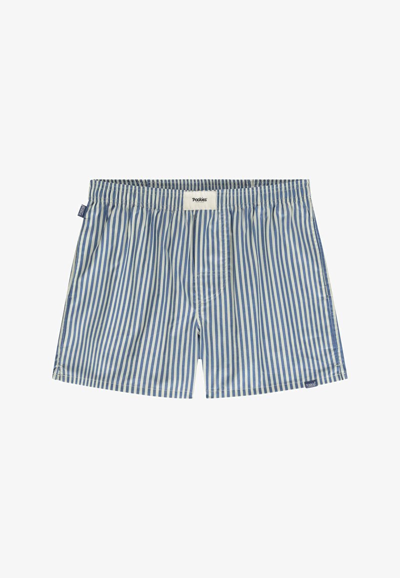 Gestreepte boxers in lichtblauw en wit. Elastische tailleband met logo-label. Zachte katoenen stof, recht model en geen zakken.