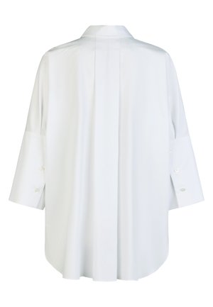 White oversized long-sleeve shirt with back pleat detail and buttoned cuffs, displayed flat on a white background.