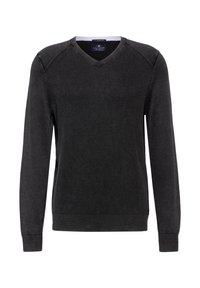 Mörkgrå stickad tröja med v-ringning, ribbad textur, långa ärmar och kontrasterande muddar. Har en slät yta och inga synliga mönster.